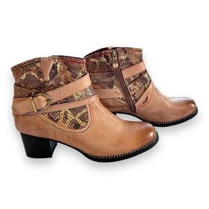 L'Artiste by Spring Step Brown Snakeskin Zhamsha Shine Leather Ankle Boots